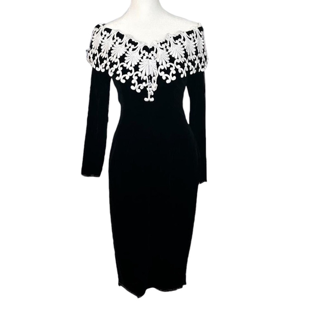Vintage Scott McClintock Black Velvet Off the Shoulder Lace Cocktail Dress, 4